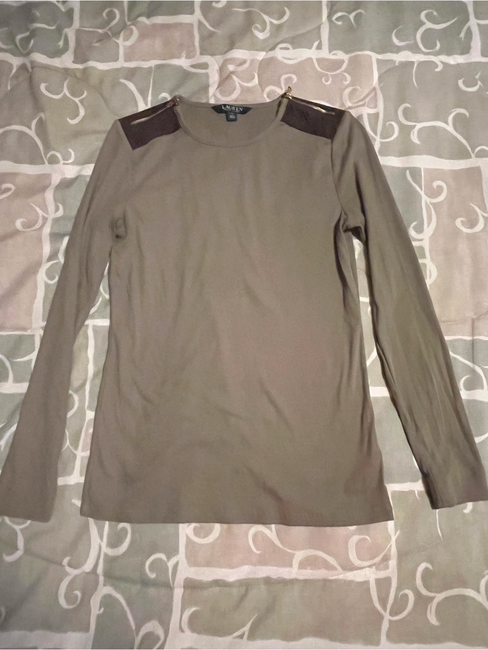 Ralph Lauren Olive Green Long Sleeve Top with Dark Brown Shoulder Tabs